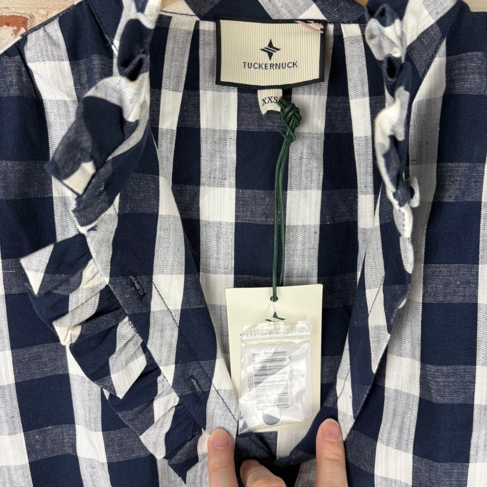 NWT Tuckernuck Navy Check Tate Dress Gingham Ruffle Cotton Linen Oversized XXS - Picture 4 of 14